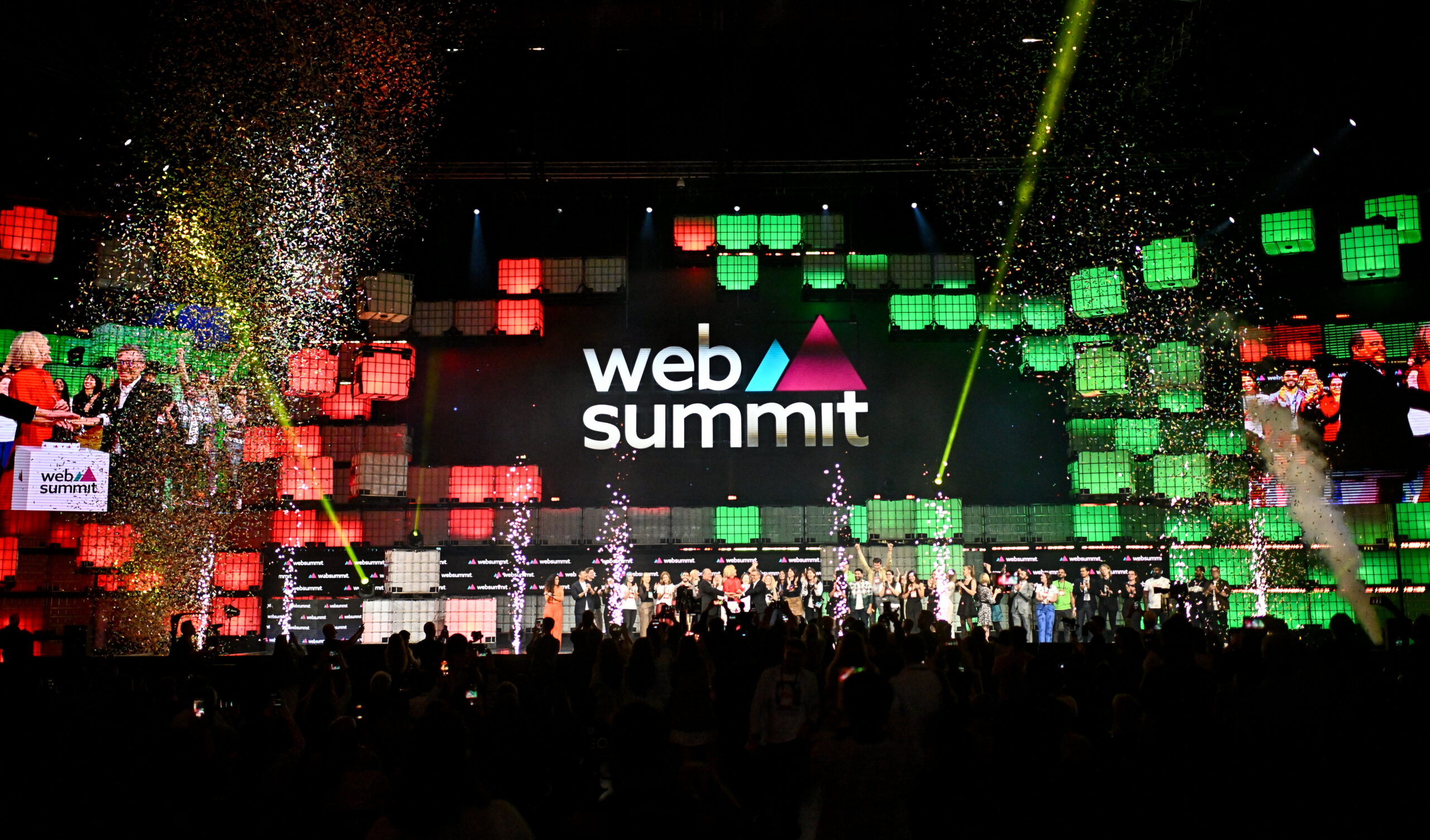 13 November 2023; Katherine Maher, CEO, Web Summit, centre, António Costa Silva, Minister of the Economy and Maritime Affairs, Government of Portugal, left, and Carlos Moedes, Mayor, City of Lisbon, on Centre Stage during the opening night of Web Summit 2023 at the Altice Arena in Lisbon, Portugal. Photo by Ramsey Cardy/Web Summit via Sportsfile