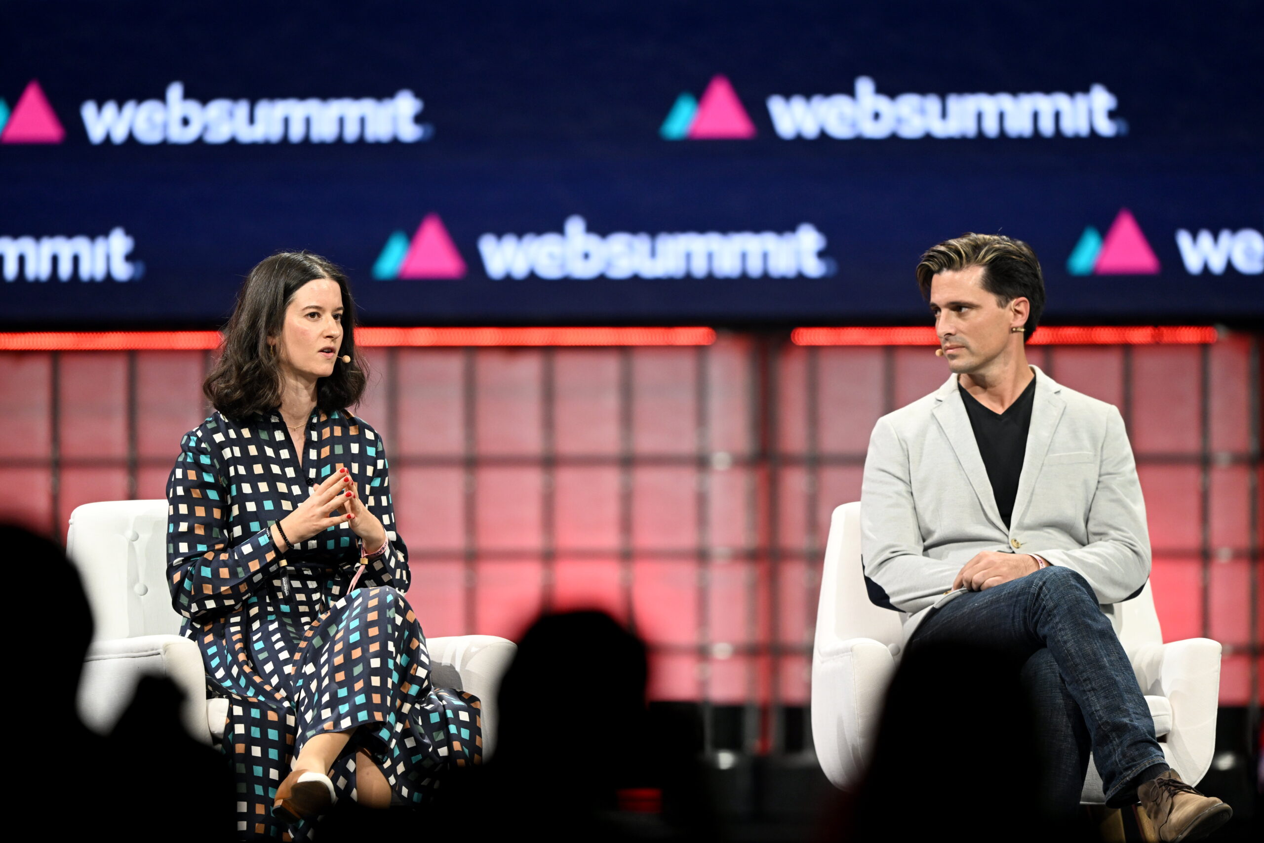 13 November 2023; Cristina Fonseca, Managing Partner, Indico Capital Partners, left, and Vasco Pedro, Co-founder & CEO, Unbabel, on Centre Stage during the opening night of Web Summit 2023 at the Altice Arena in Lisbon, Portugal. Photo by Eóin Noonan/Web Summit via Sportsfile